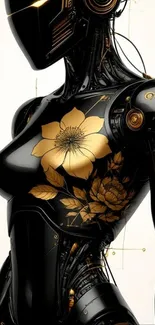 Futuristic black robot with floral design accents
