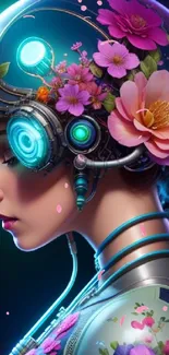 Futuristic cyborg with vibrant flowers on helmet.