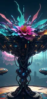 Futuristic neon mechanical flower glowing vibrantly.