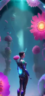 Futuristic explorer in a floral fantasy realm with vibrant colors.