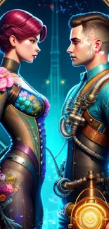 Futuristic steampunk couple with floral and mechanical details.