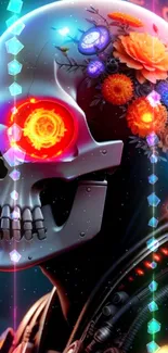 Futuristic skull with flowers and neon accents mobile wallpaper.