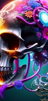 Vibrant skull wallpaper with neon floral accents and cyberpunk elements.