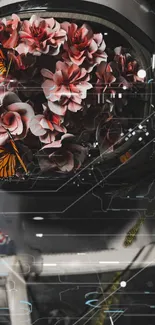 Flowers and butterfly with digital elements in a futuristic wallpaper design.