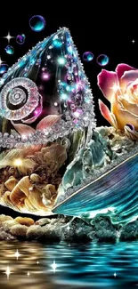 Futuristic floral fantasy art with 3D reflections and colorful bubbles.