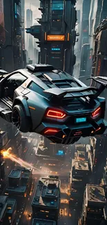 Futuristic flying car in a cityscape with skyscrapers.