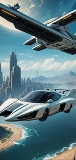 Futuristic flying cars soar above a cityscape with a scenic backdrop.