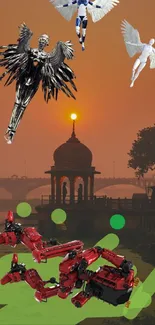 Flying robotic figures over a sunset cityscape with futuristic elements.