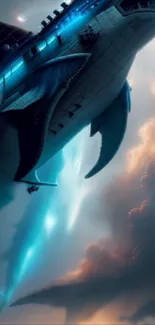 Futuristic flying ship in dramatic sky, shark-inspired design.