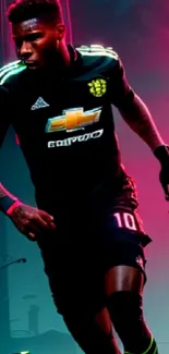 Futuristic football player in a neon-lit city street with vibrant pink and blue hues.