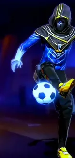 Futuristic footballer performs a soccer trick in vibrant colors.