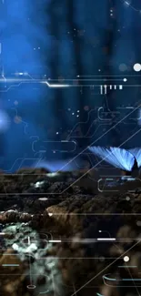 Futuristic forest wallpaper with a glowing blue butterfly and digital elements.