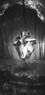 Abstract crystal heart in a dark forest setting.