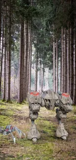 Futuristic mech robots in a serene forest setting with tall trees.