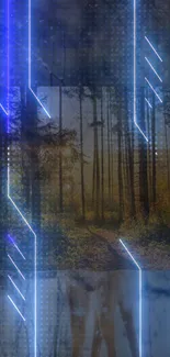 Futuristic neon lines over forest path wallpaper