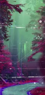 Futuristic wallpaper with neon forest and tech elements.