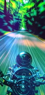 Futuristic motorbike journey through vibrant digital forest landscape.