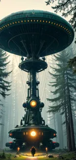 Futuristic spaceship in a misty forest with towering trees.