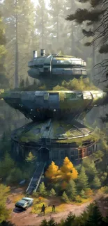 Futuristic tower amidst lush green forest landscape.