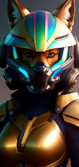 Vibrant futuristic fox astronaut wallpaper in gold armor with colorful helmet.