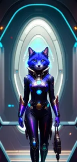 Futuristic fox in spacesuit, sci-fi corridor backdrop.