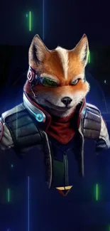 Futuristic fox soldier with neon lights on a dark background.