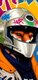 Fox in a futuristic helmet with vibrant street art background.