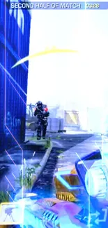 Dynamic FPS game wallpaper with blue hues, featuring action scene.