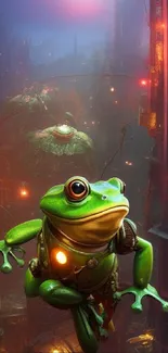 Green frog in a neon-lit futuristic city wallpaper