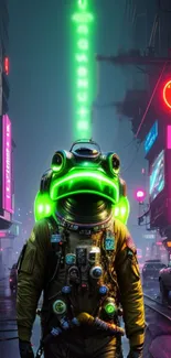 A futuristic frog astronaut in a neon cyberpunk city.