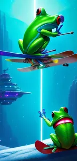 Futuristic frogs skiing in a vibrant sci-fi world.