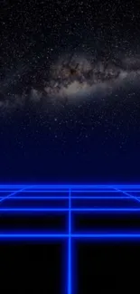 Futuristic wallpaper with blue grid and galaxy sky.