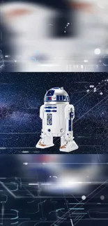 Futuristic robot against starry galaxy background in digital art style.