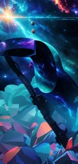 Futuristic galaxy scythe with crystals under a starry nebula.