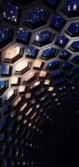 Futuristic hexagonal tunnel with starry galaxy backdrop, perfect for sci-fi fans.