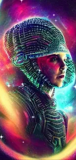 Futuristic warrior in neon cosmic art wallpaper.