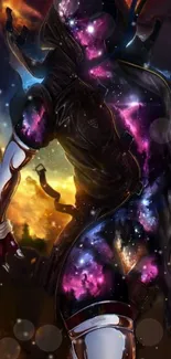 Futuristic warrior with cosmic galaxy theme background.