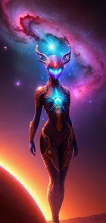 A futuristic warrior stands in a galaxy with a nebula backdrop.