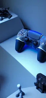 Futuristic game controller in blue themed mobile wallpaper.