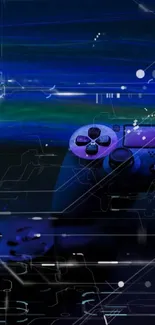 Futuristic game controller with digital elements on dark blue background.