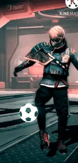 Futuristic character with soccer ball in dynamic, cyberpunk environment.