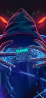 Hooded figure with neon lights holding a gaming controller.