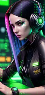 Futuristic gamer girl with neon green aesthetics and tech gear.