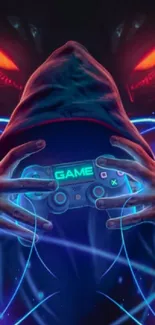 Hooded gamer holding glowing controller with neon effects.