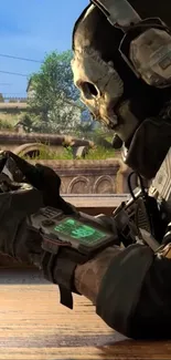 Futuristic soldier intensely gaming on device with tactical gear.