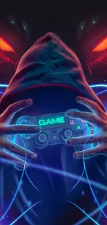 Futuristic gamer holding controller in neon glow.