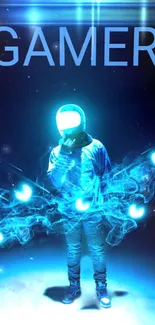 Futuristic gamer with blue neon glow and digital effects.