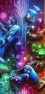 Futuristic gaming art wallpaper with consoles and tech.