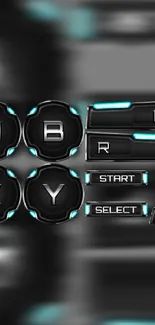 Futuristic gaming buttons in dark tones with cyan highlights.