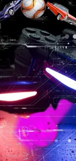 Futuristic gaming wallpaper with neon lights and car graphics.